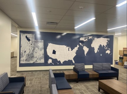 World map graphic in Counseling reception area