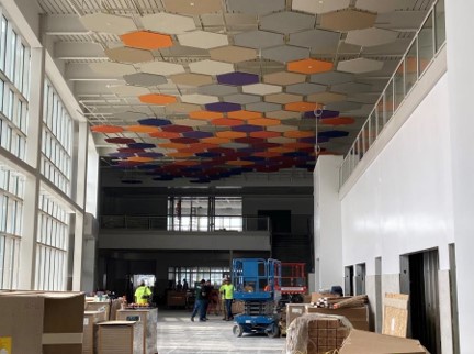 Hexagon ceiling cloud tiles in Main Corridor